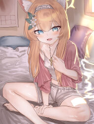 Rule 34 | 1girl, absurdres, animal ear fluff, animal ears, barefoot, bed, bed sheet, blue archive, blue eyes, blush, camisole, collarbone, cross, flower, foot out of frame, hair flower, hair ornament, halo, haoma, highres, indoors, legs, long hair, mari (blue archive), open clothes, open mouth, open shirt, orange hair, pink shirt, shirt, shorts, sitting, smile, solo, toenails, toes, white camisole, white flower, white shorts, yellow halo