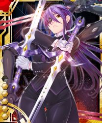 Rule 34 | 1girl, breasts, butler, cameltoe, card (medium), card (red-ur), card (ur), curvy, extra arms, eyepatch, female focus, formal, gloves, holding, holding weapon, indoors, large breasts, lilith-soft, long hair, looking at viewer, onmyou kishi towako, partially visible vulva, ponytail, purple hair, shiki reika, skin tight, solo, sword, taimanin (series), taimanin asagi, taimanin asagi battle arena all card gallery, taimanin asagi kessen arena, weapon, yellow eyes, zol
