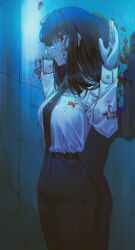 Rule 34 | 1girl, absurdres, black necktie, black pants, blood, blood on clothes, blood on face, blood on wall, brown hair, buttoned cuffs, buttons, closed mouth, collared shirt, cowboy shot, domi (hongsung0819), expressionless, from side, high-waist pants, highres, laser, laser pointer projection, long hair, long sleeves, looking ahead, necktie, open hands, original, pants, profile, red eyes, shirt, shirt tucked in, sidelocks, sleeve cuffs, solo, straight hair, surgeon cuffs, surrendering, white shirt