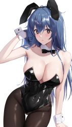 Rule 34 | 1girl, a.l (dpdldpf), animal ears, arm at side, bare shoulders, black bow, black bowtie, black hairband, black leotard, blue hair, bow, bowtie, breasts, bright pupils, brown eyes, brown pantyhose, cleavage, covered navel, cowboy shot, crossed bangs, detached collar, fake animal ears, groin, hair lift, hairband, hand up, highres, large breasts, leotard, light blush, long hair, looking at viewer, mole, mole under mouth, original, pantyhose, parted lips, playboy bunny, rabbit ears, simple background, solo, standing, strapless, strapless leotard, thigh gap, very long hair, white background, white pupils, wrist cuffs