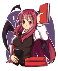 Rule 34 | !, :/, arm behind head, bat wings, black skirt, black vest, blue background, blush, book, book stack, border, breasts, clipboard, closed mouth, collared shirt, cowboy shot, cropped torso, detached wings, hair between eyes, head wings, holding, holding book, koakuma, long hair, long sleeves, looking up, medium breasts, necktie, one-hour drawing challenge, outline, red eyes, red hair, red necktie, renshirenji, shirt, sidelocks, simple background, skirt, skirt set, sweatdrop, touhou, very long hair, vest, white border, white outline, white shirt, wings