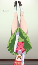 Rule 34 | 1girl, arm support, asobi night, black footwear, blue eyes, breasts, burger, collarbone, covering privates, covering crotch, food, food in mouth, go-toubun no hanayome, green skirt, hair ornament, handstand, highres, long hair, long sleeves, looking at viewer, lycoris challenge (meme), lycoris recoil, medium breasts, meme, nakano itsuki, one arm handstand, parody, red hair, red vest, scene reference, school uniform, shirt, skirt, socks, solo, star (symbol), star hair ornament, sweat, thick thighs, thighs, twitter username, upside-down, vest, white shirt, white socks