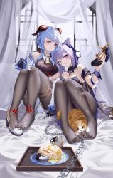 Rule 34 | 2girls, ahoge, bare shoulders, bingchuan xian yu huang, black bodysuit, black gloves, black pantyhose, blue hair, bodystocking, bodysuit, breasts, cat, chain, chinese commentary, commentary request, cone hair bun, curtains, detached sleeves, double bun, dress, feet, food, full body, ganyu (genshin impact), genshin impact, gloves, goat horns, gold trim, hair bun, head on another&#039;s shoulder, highres, holding, holding another&#039;s arm, holding spoon, horns, keqing (genshin impact), knees up, large breasts, legs, long hair, long sleeves, looking at viewer, looking to the side, medium breasts, multiple girls, no shoes, pantyhose, parted lips, pelvic curtain, plate, purple dress, purple eyes, purple hair, ribbon, see-through, see-through legwear, shoes, single shoe, spoon, strapless, strapless dress, toes, tray, white footwear, white sleeves, wide sleeves, window, wrist ribbon