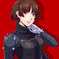 Rule 34 | 1girl, absurdres, blueriest, blush, braid, brown hair, crown braid, gloves, highres, lips, looking at viewer, medium hair, niijima makoto, persona, persona 5, persona 5 the royal, red background, red eyes, simple background, solo
