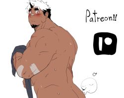 Rule 34 | 1boy, akiha gongen (housamo), artist self-insert, ass, bandaid, bandaid on face, bandaid on nose, bara, blush, completely nude, dark-skinned male, dark skin, facial hair, feet out of frame, from side, goatee, highres, horns, kissing ass, leoandaslan (leobongnana), looking at viewer, looking to the side, male focus, multicolored hair, muscular, muscular male, nude, scar, scar across eye, short hair, shy, sideburns, single horn, solo, sweat, sword, thick eyebrows, tokyo houkago summoners, two-tone hair, very sweaty, weapon, weapon on back, white hair
