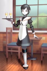 Rule 34 | 1girl, android, black hair, chain, colored skin, commentary request, cup, dress, drinking glass, flat chest, full body, highres, hispol (04-uma-alpha), humanoid robot, joints, looking at viewer, no legs, original, red eyes, robot, robot ears, robot joints, short hair, smile, solo, table, tray, very short hair, white skin, wine glass