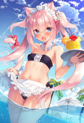 Rule 34 | 1girl, :d, animal ear fluff, animal ears, apron, bandeau, bare shoulders, bell, bikini, black bikini, blue eyes, blue sky, blush, boku no risou no isekai seikatsu, bow, breasts, cat ears, cat girl, cat tail, cloud, commentary request, crazy straw, day, drinking straw, fang, flower, frilled apron, frills, hair between eyes, hair flower, hair ornament, heart straw, holding, holding tray, jingle bell, long hair, looking at viewer, maid, maid bikini, maid headdress, open mouth, outdoors, pink hair, red bow, sazaki ichiri, sky, small breasts, smile, solo, standing, strapless, swimsuit, tail, tail bell, tail bow, tail ornament, tray, tube top, twintails, two side up, unconventional maid, very long hair, wading, waist apron, water, white apron, white flower, wrist cuffs