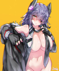 Rule 34 | 1girl, bare shoulders, black gloves, black jacket, blush, breasts, checkered clothes, checkered necktie, checkered neckwear, eyepatch, fur-trimmed jacket, fur trim, gloves, headgear, jacket, kantai collection, large breasts, looking at viewer, mani oniniku, navel, necktie, nipples, no bra, no panties, partially fingerless gloves, purple hair, school uniform, shirt, short hair, simple background, sleeveless, sleeveless shirt, solo, sweat, tenryuu (kancolle), undressing, yellow background