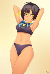 Rule 34 | 1girl, ahoge, armpits, arms behind head, arms up, bikini, black hair, breasts, choker, cowboy shot, gradient background, jewelry, kuroonehalf, large breasts, looking at viewer, navel, necklace, original, puckered lips, solo, swimsuit, tankini, yellow eyes