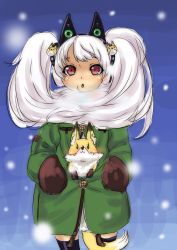 Rule 34 | 1girl, animal, animal ear headphones, animal ears, animal in clothes, apacchi (vampire64), black thighhighs, cat ear headphones, cat ears, coat, cowboy shot, fake animal ears, fox, headphones, highres, long hair, mittens, original, red eyes, scarf, snowing, thighhighs, twintails, very long hair, white hair, winter clothes, winter coat