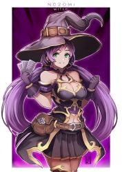 Rule 34 | 10s, 1girl, armlet, armor, artist name, bag, bare shoulders, belt, black gloves, black skirt, boots, border, breasts, card, character name, cleavage, cleavage cutout, clothing cutout, collar, gloves, green eyes, hair tubes, hat, hiroki (hirokiart), holding, holding card, long hair, looking at viewer, love live!, love live! school idol festival, love live! school idol project, navel, navel cutout, pleated skirt, purple hair, skirt, smile, solo, standing, thigh boots, thighhighs, tojo nozomi, twintails, very long hair, white border, witch, witch hat, zettai ryouiki