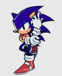 1boy adjusting_clothes adjusting_gloves black_eyes commentary english_commentary frown furry furry_male gloves grey_background male_focus marcy_bun627 red_footwear simple_background solo sonic_(series) sonic_the_hedgehog sonic_the_hedgehog_(classic) white_gloves