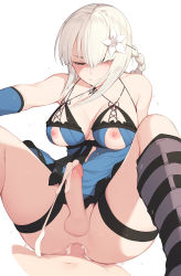 Rule 34 | 1girl, anal, blush, braid, breasts, censored, closed mouth, cum, cum in ass, cum overflow, ejaculating while penetrated, ejaculation, erection, flower, futa with male, futanari, hair flower, hair ornament, highres, kaine (nier), large breasts, lingerie, long hair, looking at viewer, male on futa, male penetrated, md5 mismatch, mosaic censoring, negligee, newhalf, newhalf with male, nier, nier (series), nipples, one eye closed, penis, pepper0, resolution mismatch, sex, simple background, solo focus, source larger, testicles, underwear, white background