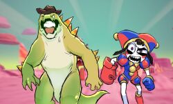 Rule 34 | 1boy, 1girl, artist request, clenched hands, cowboy hat, fangs, furry, furry male, godzilla (series), godzilla and kong running (meme), godzilla x kong: the new empire, gummigoo, hat, highres, jester, jester cap, king kong (series), looking at viewer, meme, monsterverse, open mouth, outdoors, parody, pomni (the amazing digital circus), reptile boy, running, sharp teeth, sky, smile, teeth, the amazing digital circus, toho, trait connection, v