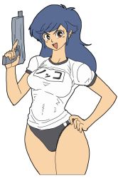 Rule 34 | 1girl, blue hair, brown eyes, buruma, gun, gym uniform, highres, holding, holding gun, holding weapon, long hair, oggy (oggyoggy), open mouth, solo, thighs, transparent background, weapon