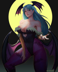 Rule 34 | 1girl, animal print, bare shoulders, bat print, bat wings, breasts, bridal gauntlets, capcom, cleavage, closed mouth, clothing cutout, commentary, demon girl, elbow gloves, gloves, green eyes, green hair, head wings, heart cutout, large breasts, leotard, long hair, looking at viewer, morrigan aensland, pantyhose, print pantyhose, rejean dubois, solo, vampire (game), wings