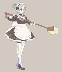 Rule 34 | 1girl, apron, black footwear, broom, brown dress, closed mouth, commentary request, dress, enkyo yuuichirou, gloves, grey background, grey hair, hair bun, concealed weapon, high heels, highres, holding, holding broom, holding sword, holding weapon, katana, long sleeves, maid, maid apron, maid headdress, original, ribbed legwear, sheath, simple background, single hair bun, solo, sword, thighhighs, two-handed, unsheathing, waist apron, weapon, white gloves, white thighhighs, yellow eyes
