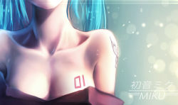 Rule 34 | 1girl, bare shoulders, blue hair, body writing, breasts, butterfly tattoo, character name, cleavage, collarbone, hatsune miku, head out of frame, md5 mismatch, off shoulder, qys3, resolution mismatch, small breasts, solo, source larger, tattoo, upper body, vocaloid