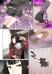 Rule 34 | 1boy, 2girls, artoria pendragon (all), artoria pendragon (fate), ass, belt, black hair, blonde hair, chain, coat, comic, commentary request, fate/grand order, fate (series), fur trim, ginhaha, glowing, jacket, long hair, multiple girls, official alternate costume, pointy ears, ponytail, saber alter, saber alter (ver. shinjuku 1999) (fate), semiramis (fate), shoes, shorts, silent comic, silver hair, socks, spiked hair, trembling, unconscious, very long hair, yellow eyes