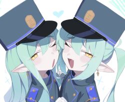 Rule 34 | 2girls, :o, black coat, black hat, blue archive, blush, coat, commentary request, earrings, fang, gloves, green hair, green halo, halo, hat, heads together, hikari (blue archive), holding hands, jewelry, long hair, long sleeves, looking at viewer, multiple girls, nozomi (blue archive), open mouth, peaked cap, pointy ears, rotroto, simple background, skin fang, smile, smug, white background, white gloves, yellow eyes