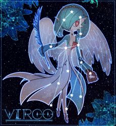 Rule 34 | 1girl, angel wings, black background, blue border, blue eyeliner, blue flower, blue outline, bob cut, border, bright pupils, circlet, closed mouth, clothed pokemon, colored skin, constellation, creatures (company), crescent, crescent earrings, earrings, english text, eyeliner, feathered wings, feathers, female focus, flat chest, flower, full body, game freak, gardevoir, gen 3 pokemon, green hair, green skin, hair over one eye, happy, holding, holding feather, jewelry, lily (flower), looking to the side, lotosu, makeup, multicolored skin, night, nintendo, outline, pokemon, pokemon (creature), purple footwear, red eyes, shoes, short hair, sky, smile, solo, standing, star (sky), star (symbol), star in eye, starry sky, symbol in eye, two-tone skin, virgo (constellation), virgo (zodiac), wheat, white pupils, white skin, white wings, wings, wristband, zodiac