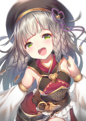 Rule 34 | 1girl, :d, bare shoulders, belt, belt buckle, black hat, blunt bangs, braid, buckle, commentary request, corset, cowboy shot, detached sleeves, dress, erune, flat chest, granblue fantasy, green eyes, grey hair, hat, hat ribbon, head tilt, highres, long hair, long sleeves, looking at viewer, multiple braids, open mouth, pholia, purple ribbon, ribbon, smile, solo, teeth, thick eyebrows, topia, very long hair