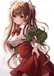 Rule 34 | 1girl, absurdres, ahoge, blush, bow, bowtie, breasts, brown hair, closed mouth, corset, cowboy shot, cropped jacket, earrings, green jacket, hair ribbon, hands on own hips, highres, huge filesize, jacket, jewelry, long hair, long sleeves, looking at viewer, medium breasts, myowa, open clothes, open jacket, original, red bow, red bowtie, red eyes, red ribbon, red skirt, ribbon, shirt, simple background, skirt, solo, underbust, very long hair, wavy hair, white background, white shirt