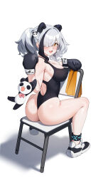 Rule 34 | 1girl, absurdres, animal ears, arknights, ass, boxing gloves, breasts, chair, cleavage, covered erect nipples, ett, feater (arknights), feater (dojo star) (arknights), hair ornament, hair over one eye, highres, huge ass, large breasts, leotard, looking at viewer, looking back, multicolored hair, panda, panda ears, panda hair ornament, sitting, sitting backwards, swimsuit, twintails, wedgie, white hair