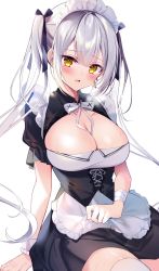 Rule 34 | 1girl, apron, arm support, between breasts, black dress, black ribbon, blush, bow, breasts, cleavage, cleavage cutout, clothing cutout, dress, hair between eyes, hair ribbon, highres, kisaragi yuri, large breasts, long hair, looking at viewer, looking to the side, maid apron, maid headdress, open mouth, original, puffy short sleeves, puffy sleeves, ribbon, short sleeves, sidelocks, silver hair, simple background, sitting, solo, sweat, thighhighs, twintails, very long hair, white apron, white background, white bow, white headwear, white neckwear, white thighhighs, yellow eyes, zettai ryouiki