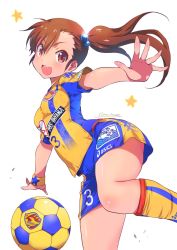 Rule 34 | 1girl, ball, blush, breasts, brown eyes, brown hair, futami mami, hair bobbles, hair ornament, highres, idolmaster, idolmaster (classic), inoue sora, j. league, kneehighs, long hair, looking at viewer, medium breasts, open mouth, revision, shirt, shorts, side ponytail, simple background, smile, soccer, soccer ball, soccer uniform, socks, solo, sportswear, star (symbol), striped, sweat, vegalta sendai, white background