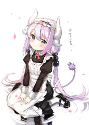Rule 34 | 10s, 1girl, apron, beads, black footwear, blue eyes, blush, bow, dr poapo, dragon girl, dragon horns, dragon tail, dress, hair beads, hair bow, hair ornament, hands on lap, highres, horns, kanna kamui, kobayashi-san chi no maidragon, long hair, long sleeves, looking at viewer, maid, maid apron, maid headdress, shoes, silver hair, simple background, sitting, smile, solo, tail, twintails, wariza, white background, white legwear