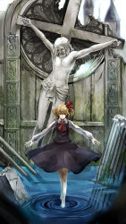 Rule 34 | 1girl, absurdres, bad id, bad pixiv id, barefoot, blonde hair, cross, crucifix, crucifixion, embodiment of scarlet devil, female focus, highres, indoors, jesus, looking at viewer, nishiuri, pillar, ruins, rumia, solo, statue, touhou, water