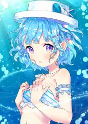 Rule 34 | 1girl, bare shoulders, bikini, blue bow, blue hair, bow, breasts, collarbone, commentary request, diagonal stripes, fish, hair ornament, hairclip, hands on own chest, hands up, hat, hat bow, highres, jewelry, looking at viewer, necklace, original, parted lips, purple eyes, short hair, small breasts, solo, strapless, strapless bikini, striped bikini, striped clothes, suzuki moeko, swimsuit, underwater, water, white bikini, white hat