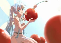 Rule 34 | ahoge, ankle cuffs, bare legs, bare shoulders, belt, benriya saitou-san isekai ni iku, blue eyes, blue hair, blue sky, blurry, breasts, cherry, commentary, depth of field, dress, eating, fairy, fairy wings, food, food on face, frills, fruit, grey dress, hair between eyes, holding, holding food, kneeling, lafanpan, laundry (randorii), lens flare, messy hair, mini person, minigirl, no nose, shadow, side slit, size difference, sky, small breasts, twintails, wings, wrist cuffs