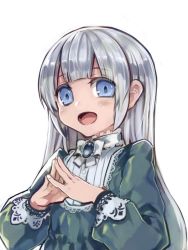 Rule 34 | 1girl, :d, blue dress, blue eyes, blunt bangs, bow, bowtie, brooch, dress, grey hair, jewelry, komota (kanyou shoujo), long hair, looking at viewer, lucette (komota (kanyou shoujo)), open mouth, original, own hands together, smile, solo, steepled fingers, white bow, white bowtie