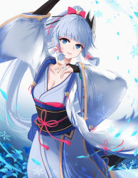 Rule 34 | 1girl, absurdres, alternate costume, arm up, ayaka (genshin impact), blue eyes, blue hair, blue kimono, blunt bangs, breasts, bridal gauntlets, cleavage, collarbone, commentary request, cowboy shot, dancing, dd (897671246), flower knot, fox mask, genshin impact, hair ornament, hair ribbon, highres, japanese clothes, kimono, light blue hair, long hair, looking at viewer, mask, mask on head, obi, parted lips, ponytail, ribbon, sash, small breasts, smile, snowflakes, solo, tassel, tress ribbon, white background, wide sleeves