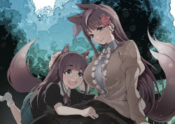 Rule 34 | animal ear fluff, animal ears, aqua eyes, black skirt, blue skirt, blunt bangs, brown hair, closed mouth, commission, eyelashes, forest, fox ears, fox girl, fox tail, frills, hair ornament, hand on another&#039;s head, highres, long hair, long skirt, mole, mole under eye, mother and daughter, nature, open mouth, original, outdoors, pixiv commission, puffy sleeves, red ribbon, ribbon, sakayama shinta, sitting, skirt, smile, socks, tail, teeth, tongue, upper teeth only, watercolor background