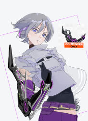 Rule 34 | 1girl, blue eyes, chinese commentary, commentary, contender (girls&#039; frontline), exoskeleton, exoskeleton (girls&#039; frontline), game screenshot inset, girls&#039; frontline, grey hair, highres, looking at viewer, multicolored hair, short hair, sketch, solo, streaked hair, tearopenmyheart, upper body