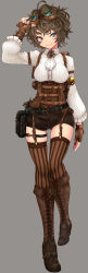 Rule 34 | 1girl, absurdres, belt, blue eyes, boots, brown footwear, brown gloves, brown hair, brown thighhighs, corset, cross-laced footwear, fingerless gloves, full body, garter straps, gloves, grey background, haiiro gundan, highres, lace-up boots, long sleeves, original, short hair, simple background, smile, solo, steampunk, striped clothes, striped thighhighs, thighhighs, vertical-striped clothes, vertical-striped thighhighs