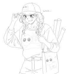 Rule 34 | 1girl, alternate hairstyle, bag, baggy clothes, baseball cap, blush, braid, commentary, english commentary, fingernails, hair over shoulder, handbag, hat, laughing, lineart, medium hair, monochrome, oekaki, pas (paxiti), pas (real life), print sweater, real life, shorts, solo, sweater, twin braids