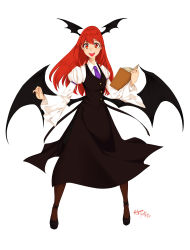 Rule 34 | 1girl, :d, absurdres, artist name, bat wings, black legwear, black ribbon, book, buttons, character name, collared shirt, dress shirt, fang, full body, happy, head wings, highres, holding, holding book, juliet sleeves, koakuma, long sleeves, looking at viewer, low wings, necktie, open book, open mouth, pichinayu, puffy sleeves, purple necktie, red eyes, red hair, ribbon, round teeth, shirt, shoes, side slit, simple background, skirt, skirt set, smile, solo, teeth, tongue, touhou, vest, white background, white shirt, wide sleeves, wings