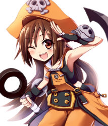 Rule 34 | 1girl, anchor, brown eyes, brown hair, fingerless gloves, flat chest, gloves, guilty gear, hat, huge weapon, long hair, masa tarou, may (guilty gear), orange hat, orange shirt, overalls, pirate, pirate hat, salute, shirt, skull and crossbones, solo, weapon