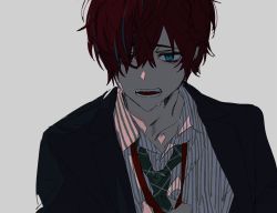 Rule 34 | 1boy, bad id, bad pixiv id, black jacket, blue eyes, collared shirt, green necktie, grey background, hair over one eye, hirota tsuu, hypnosis mic, indoors, jacket, kannonzaka doppo, looking at viewer, male focus, multicolored hair, necktie, one eye covered, open clothes, open jacket, open mouth, red eyes, red hair, shirt, solo, streaked hair, striped clothes, striped shirt, sweatdrop, upper body, wing collar