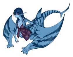Rule 34 | 1girl, animal hands, black claws, blue hair, blue skin, breasts, clawed hands, cleavage, colored skin, commentary, extra legs, fins, fish girl, fish tail, full body, head fins, highres, long hair, looking at viewer, monster girl, multicolored skin, nightgown, original, p.maker, parted lips, purple eyes, purple nightgown, shark fin, shark girl, shark tail, simple background, small breasts, solo, symbol-only commentary, tail, taur, tiger stripes, white background