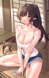 Rule 34 | 1girl, absurdres, blue pants, blush, breasts, brown eyes, brown hair, cleavage, collarbone, day, fang, highres, large breasts, long hair, open mouth, original, outdoors, pants, pointy ears, ponytail, shirt, sino42, sitting, skin fang, solo, tank top, white shirt