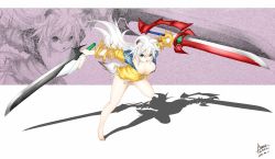 Rule 34 | 10s, 1girl, 2012, animal ears, ayase tamaki, bare legs, barefoot, breasts, cleavage, dated, green eyes, highres, large breasts, long hair, original, shadow, solo, sword, tail, torn clothes, wallpaper, weapon, white hair