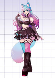 Rule 34 | 1girl, absurdres, asymmetrical legwear, belt boots, black footwear, black skirt, blue eyes, blue hair, boots, breasts, commentary, detached sleeves, fangs, fingerless gloves, fingernails, fishnet thighhighs, fishnets, full body, gloves, goth fashion, gradient hair, hand up, highres, large breasts, layered skirt, long hair, looking at viewer, mismatched legwear, multicolored hair, nail polish, navel, official alternate costume, official art, open hand, open mouth, pink hair, platform footwear, platform heels, puppeteer7777, purple nails, sharp fingernails, sidelocks, silvervale, silvervale (4th costume), skirt, smile, solo, standing, tail, thighhighs, transparent background, uneven legwear, virtual youtuber, vshojo