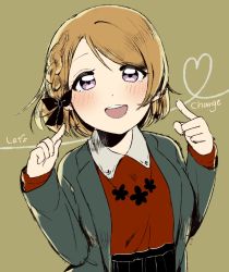 Rule 34 | 1girl, :d, berisuno (beriberi0707), black bow, black skirt, bow, braid, brown background, brown hair, commentary request, earrings, english text, grey jacket, hair bow, hands up, jacket, jewelry, koizumi hanayo, long sleeves, looking at viewer, love live!, love live! school idol festival, love live! school idol project, necklace, open mouth, pointing, pointing at self, purple eyes, red skirt, short hair, sketch, skirt, smile, solo, upper body