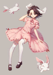 Rule 34 | 1girl, 7lark, animal ears, black hair, extra ears, hand in own hair, inaba tewi, mary janes, rabbit, rabbit ears, red eyes, shoes, short hair, simple background, smile, solo, tail, thighhighs, touhou, white thighhighs