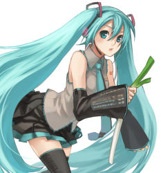 Rule 34 | black thighhighs, hair between eyes, hatsune miku, long hair, solo, spring onion, thighhighs, twintails, very long hair, vocaloid, white background, yuuryuu nagare